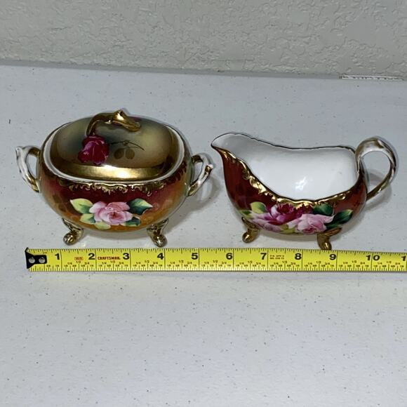 Vintage American Beauty Germany Creamer Sugar Bowl Set Hand Painted Rose Signed - Picture 13 of 15